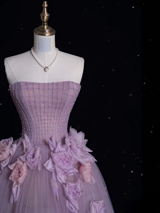 Stunning Strapless Ball Gown Purple Long Prom Dress Tulle Applique Evening Dress Sweet 16 Dress ED03765