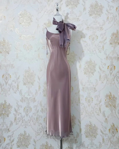 Stunning Spaghetti Strap Sheath Gray Purple Long Prom Dress Elegant Satin Evening Dress ED03766