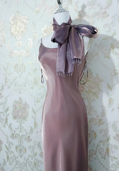 Stunning Spaghetti Strap Sheath Gray Purple Long Prom Dress Elegant Satin Evening Dress ED03766