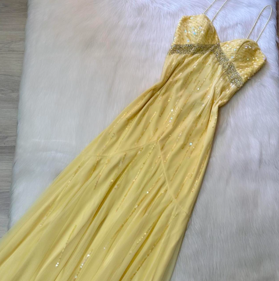 Vintage Yellow Spaghetti Strap Sheath Long Prom Dress Elegant Chiffon Evening Dress Birthday Dress ED03767