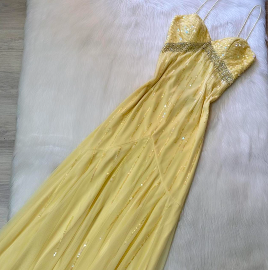 Vintage Yellow Spaghetti Strap Sheath Long Prom Dress Elegant Chiffon Evening Dress Birthday Dress ED03767