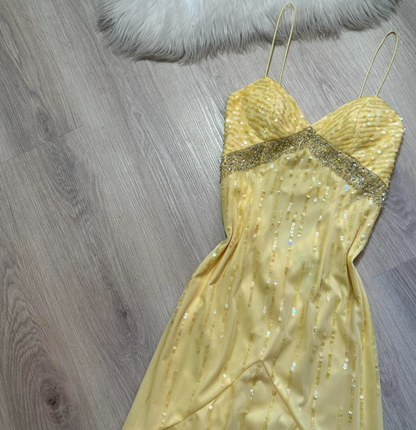 Vintage Yellow Spaghetti Strap Sheath Long Prom Dress Elegant Chiffon Evening Dress Birthday Dress ED03767