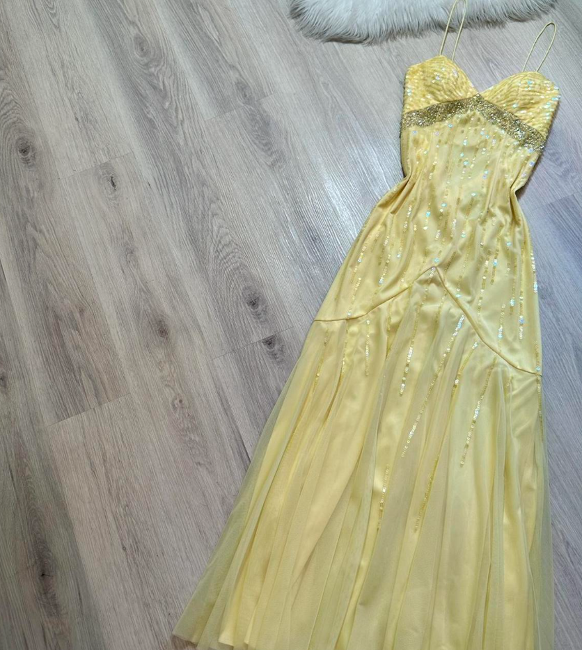 Vintage Yellow Spaghetti Strap Sheath Long Prom Dress Elegant Chiffon Evening Dress Birthday Dress ED03767