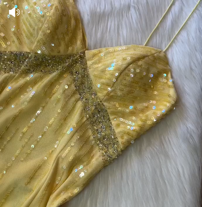 Vintage Yellow Spaghetti Strap Sheath Long Prom Dress Elegant Chiffon Evening Dress Birthday Dress ED03767