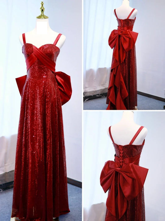 Glam Burgundy Strap A-Line Long Prom Dress Elegant Satin Sequin Evening Dress  ED03768