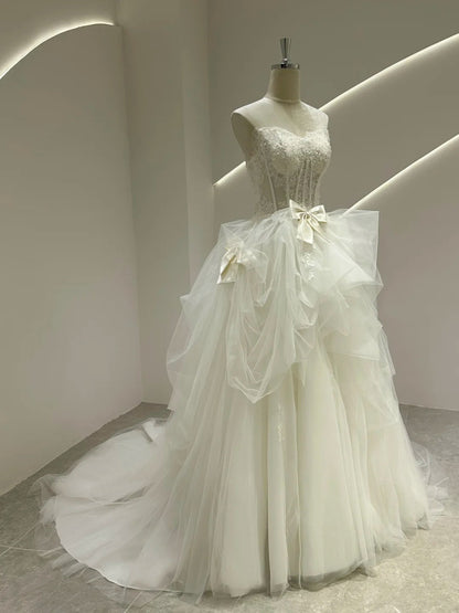 Glam White Strapless Ball Gown Wedding Dress Tulle Applique Bridal Dress  ED03769