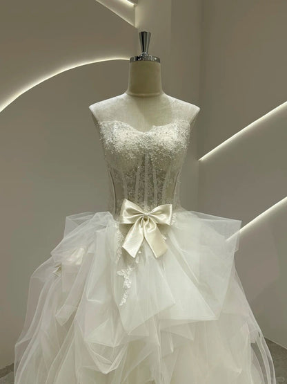 Glam White Strapless Ball Gown Wedding Dress Tulle Applique Bridal Dress  ED03769