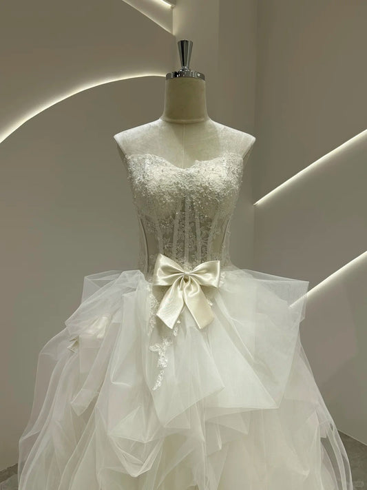 Glam White Strapless Ball Gown Wedding Dress Tulle Applique Bridal Dress  ED03769