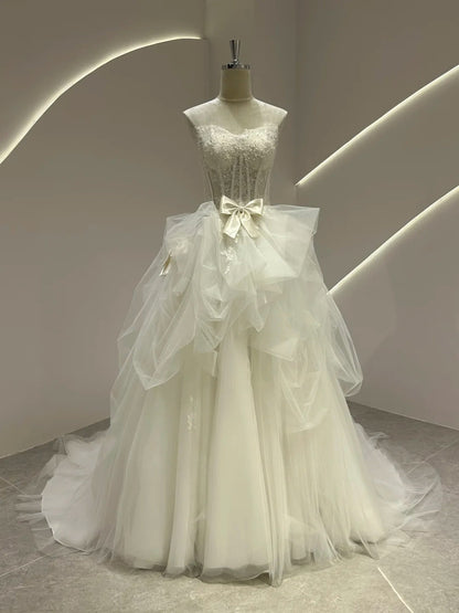 Glam White Strapless Ball Gown Wedding Dress Tulle Applique Bridal Dress  ED03769