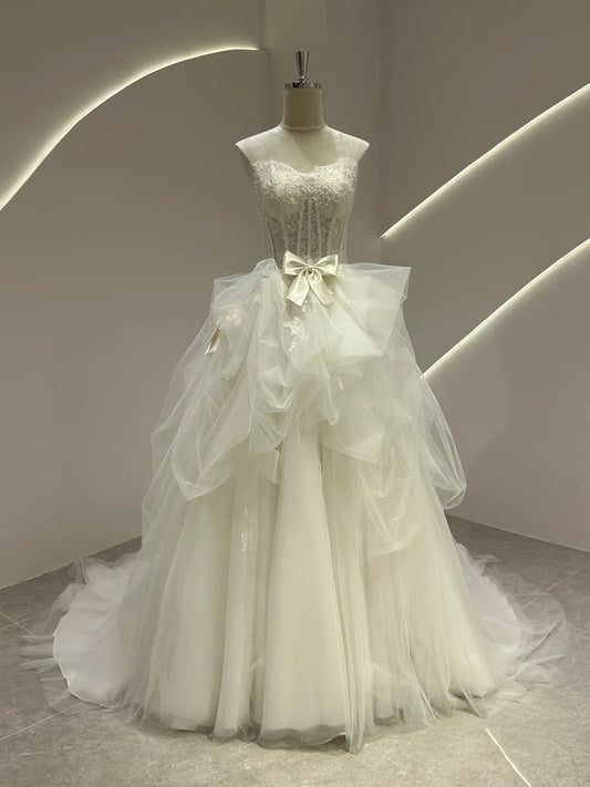 Glam White Strapless Ball Gown Wedding Dress Tulle Applique Bridal Dress  ED03769