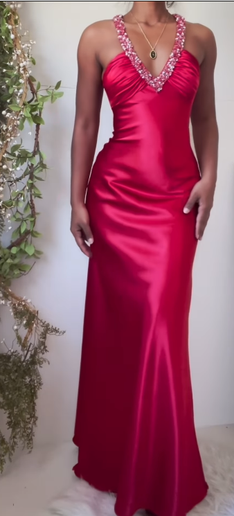 Vintage V-neck Sheath Evening Dress Red Satin Beaded Long Prom Dress Elegant Party Dress  ED03771