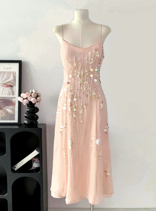 Vintage Spaghetti Strap Sheath Short Birthday Dress Blush Pink Sequin Chiffon Party Dress Homecoming Dress  ED03772
