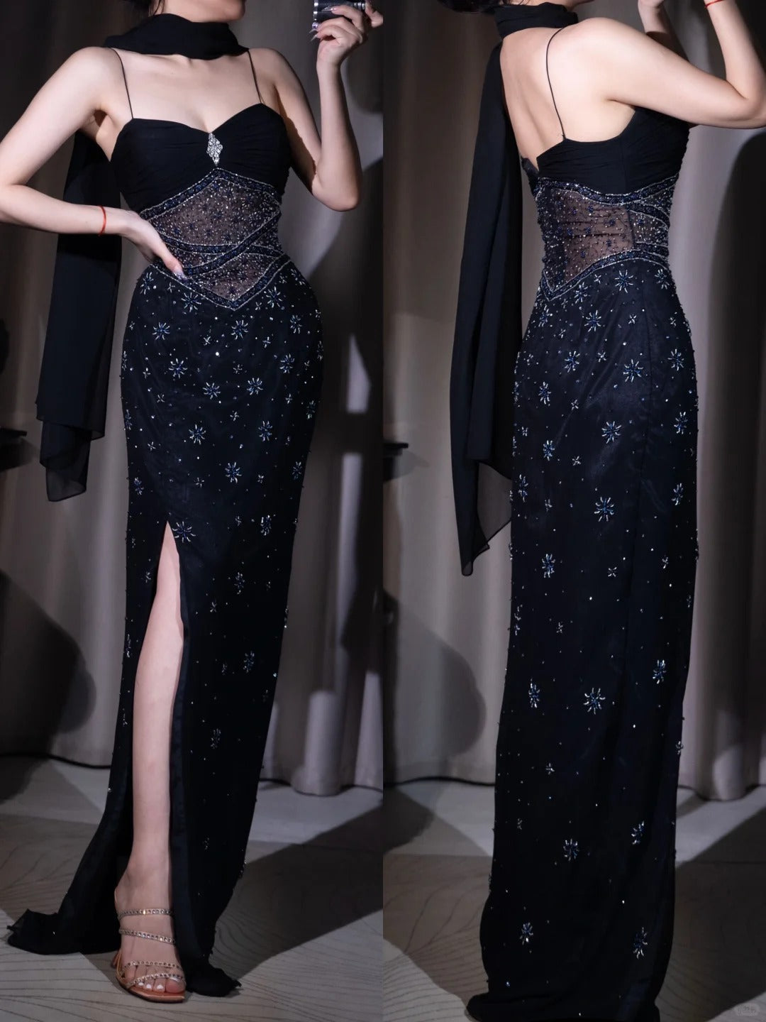 Vintage Spaghetti Strap Sheath Evening Dress Birthday Dress Black Beaded Chiffon Party Dress Slit Prom Dress ED03774