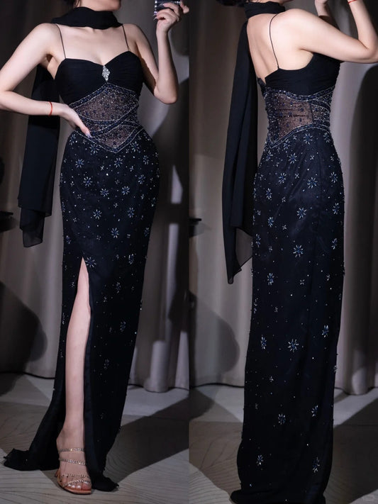 Vintage Spaghetti Strap Sheath Evening Dress Birthday Dress Black Beaded Chiffon Party Dress Slit Prom Dress ED03774