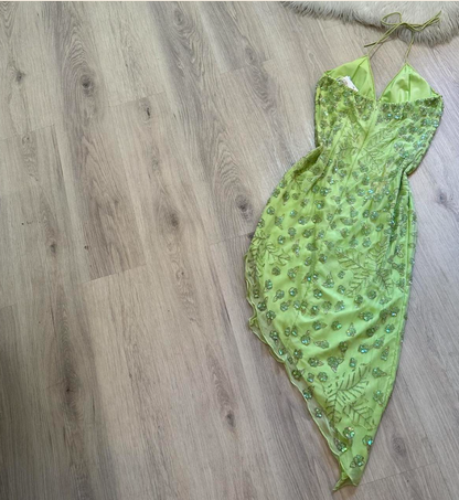 Vintage Spaghetti Strap Sheath Short Evening Dress Green Beaded Chiffon Formal Dress Homecoming Dress  ED03776