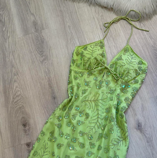 Vintage Spaghetti Strap Sheath Short Evening Dress Green Beaded Chiffon Formal Dress Homecoming Dress  ED03776