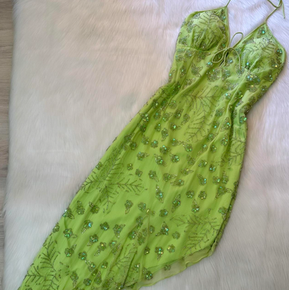 Vintage Spaghetti Strap Sheath Short Evening Dress Green Beaded Chiffon Formal Dress Homecoming Dress  ED03776