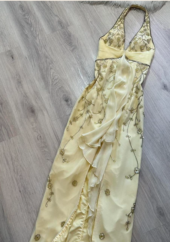 Vintage Halter Sheath Long Prom Dress Yellow Beaded Chiffon Formal Dress Backless Evening Gown ED03777