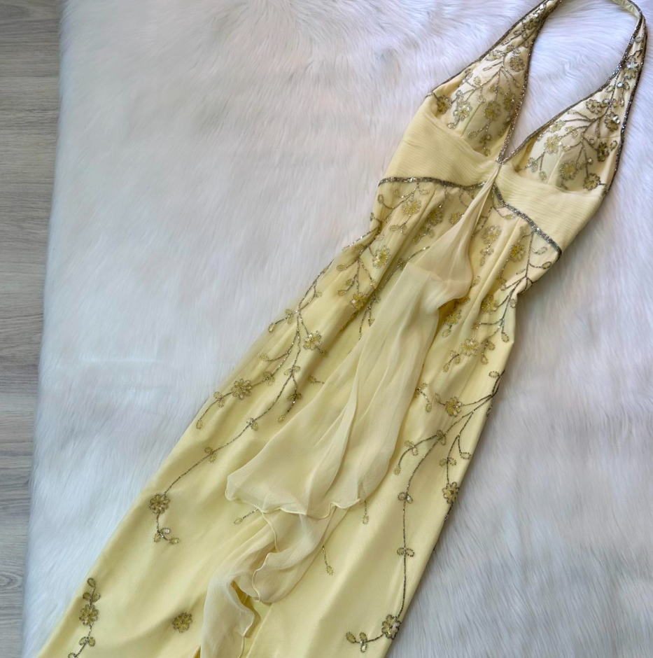 Vintage Halter Sheath Long Prom Dress Yellow Beaded Chiffon Formal Dress Backless Evening Gown ED03777
