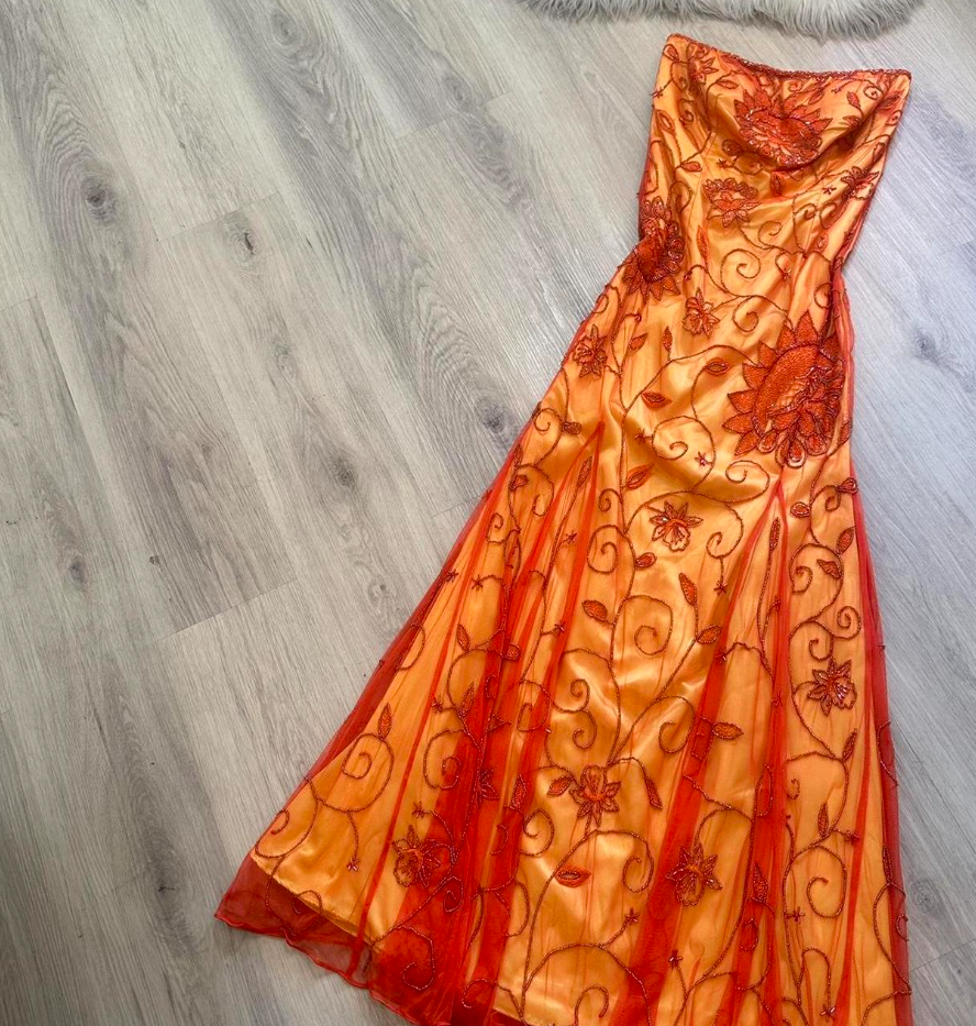 Vintage Strapless A-Line Long Prom Dress Orange Beaded Chiffon Formal Dress Elegant Evening Gown ED03778