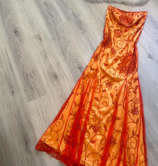 Vintage Strapless A-Line Long Prom Dress Orange Beaded Chiffon Formal Dress Elegant Evening Gown ED03778