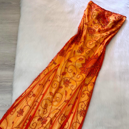 Vintage Strapless A-Line Long Prom Dress Orange Beaded Chiffon Formal Dress Elegant Evening Gown ED03778