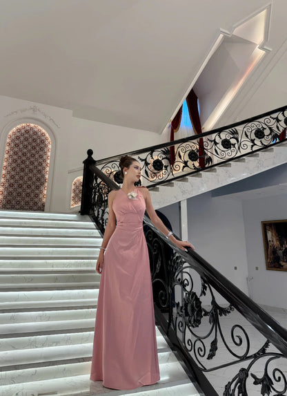 Elegant Pink V-Neck A-Line Long Prom Dress Satin Evening Dress Bridesmaid Dress ED03779