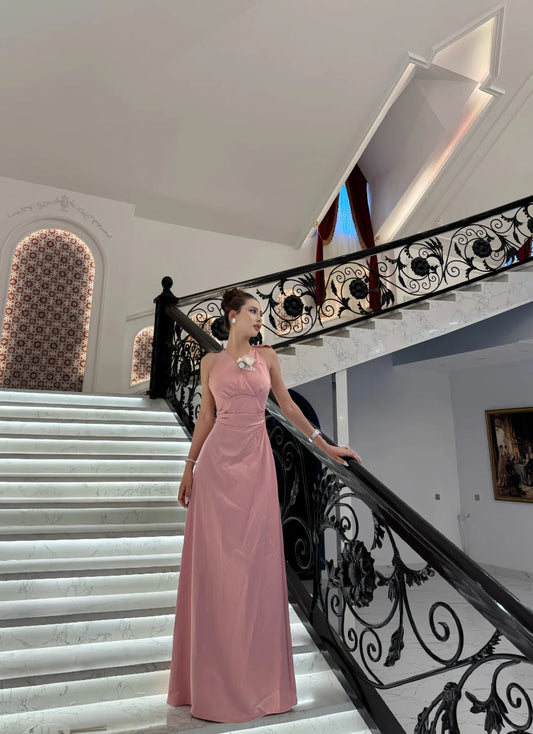 Elegant Pink V-Neck A-Line Long Prom Dress Satin Evening Dress Bridesmaid Dress ED03779