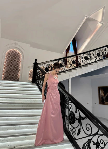 Elegant Pink V-Neck A-Line Long Prom Dress Satin Evening Dress Bridesmaid Dress ED03779