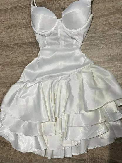 Fashion White Birthday Dress Spaghetti Strap Ball Gown Satin Party Dress Short Homecoming Dress ED03780