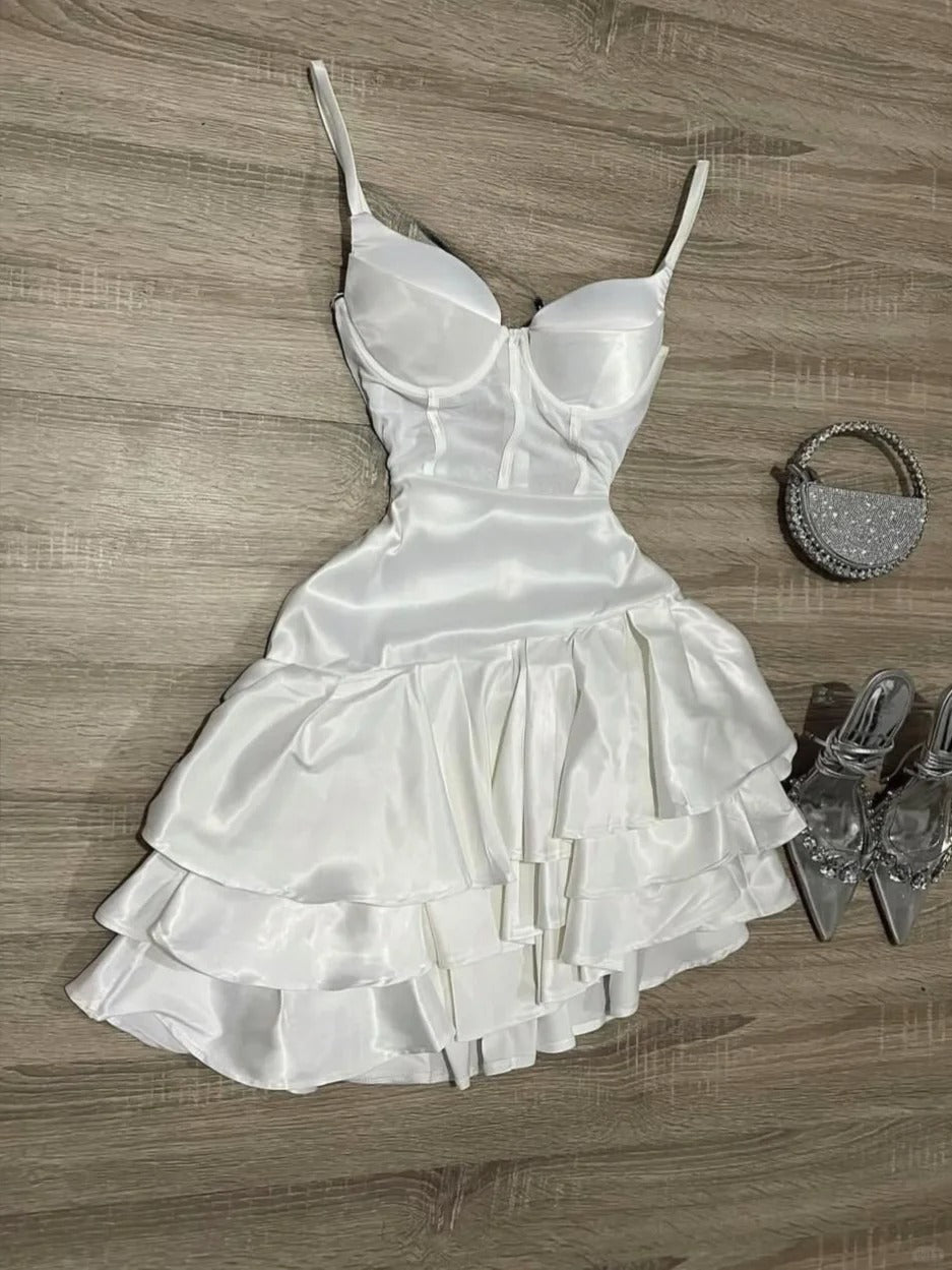Fashion White Birthday Dress Spaghetti Strap Ball Gown Satin Party Dress Short Homecoming Dress ED03780