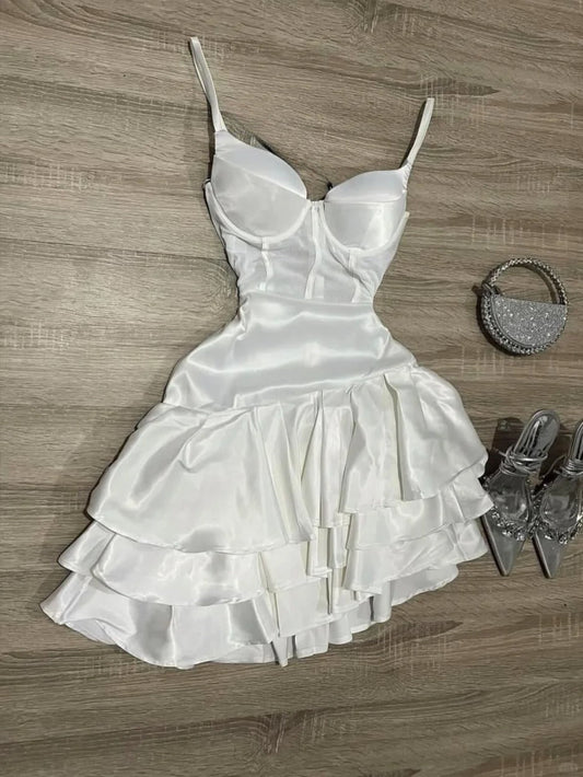 Fashion White Birthday Dress Spaghetti Strap Ball Gown Satin Party Dress Short Homecoming Dress ED03780