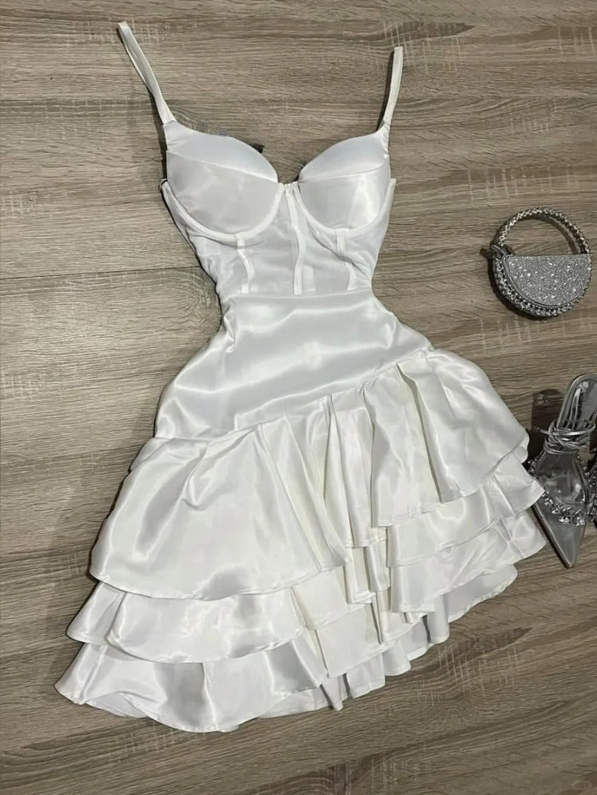 Fashion White Birthday Dress Spaghetti Strap Ball Gown Satin Party Dress Short Homecoming Dress ED03780