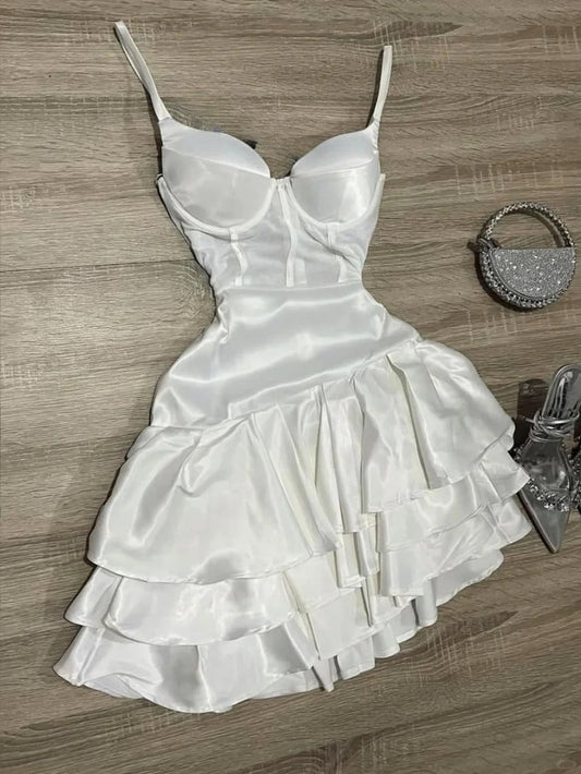 Fashion White Birthday Dress Spaghetti Strap Ball Gown Satin Party Dress Short Homecoming Dress ED03780