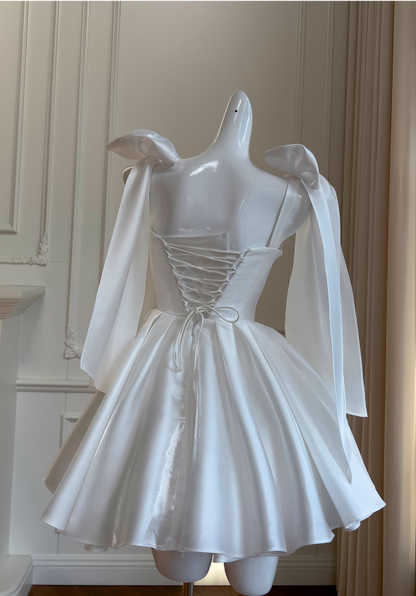 Fashion White Birthday Dress Strap Ball Gown Satin Party Dress Short Homecoming Dress ED03781