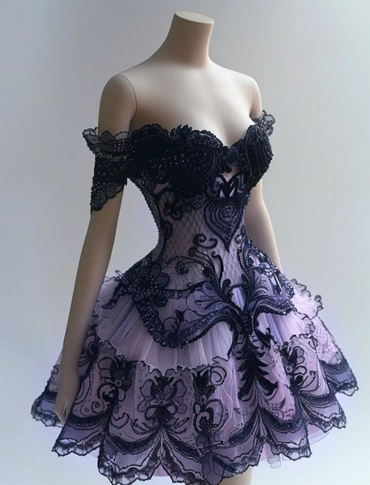 Fairytale Ball Gown Sweetheart Neck Birthday Dress Lace Applique Party Dress Tulle Purple Short Homecoming Dress ED03782