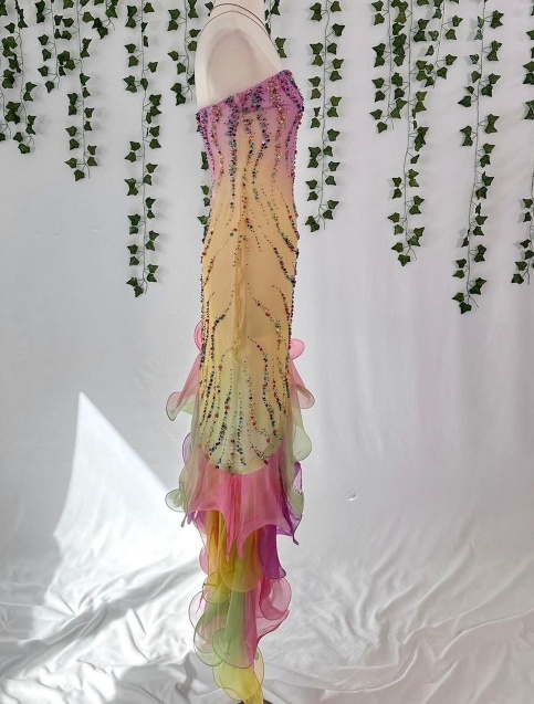 Fairytale Colorful Strapless Sheath Prom Dress Chiffon Sequin Vintage Evening Dress Birthday Dress ED03783