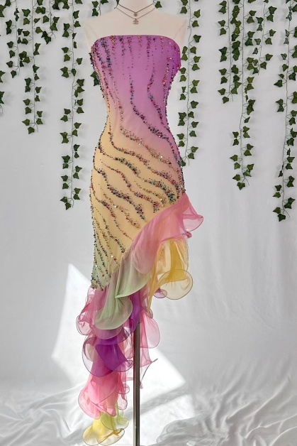 Fairytale Colorful Strapless Sheath Prom Dress Chiffon Sequin Vintage Evening Dress Birthday Dress ED03783