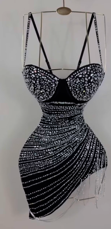 Fashion Spaghetti Strap Bodycon Short Formal Dress Stunning Black Rhinestone Birthday Dress Tassel Homecoming Dress ED03787