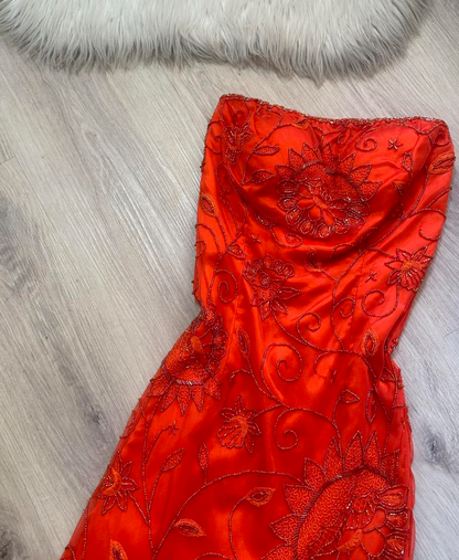 Burgundy Vintage Sheath Strapless Evening Gown Elegant Beaded Chiffon Formal Dress Long Prom Dress ED03792