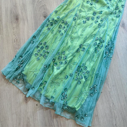 Green Vintage Sheath Strapless Evening Gown Elegant Beaded Chiffon Formal Dress Long Prom Dress ED03793
