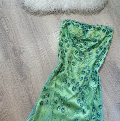 Green Vintage Sheath Strapless Evening Gown Elegant Beaded Chiffon Formal Dress Long Prom Dress ED03793