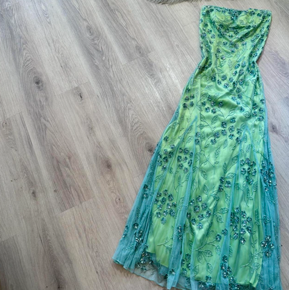 Green Vintage Sheath Strapless Evening Gown Elegant Beaded Chiffon Formal Dress Long Prom Dress ED03793