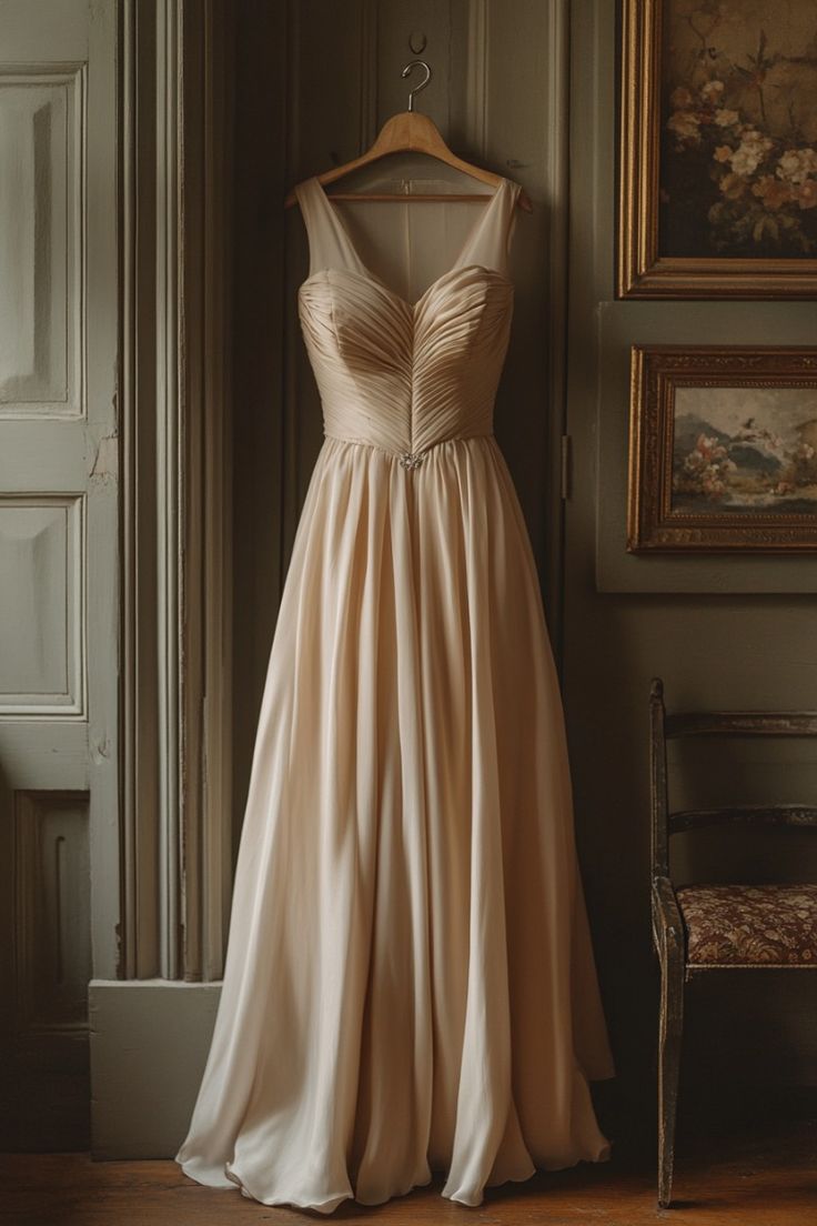 Elegant Sheath Sheer Straps Long Evening Gown Light Champagne Chiffon Formal Dress Bridesmaid Dress ED03802