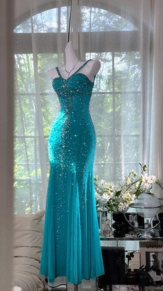 Vintage Halter Mermaid Evening Dress Turquoise Beaded Chiffon Formal Dress Modest  Long Prom Dress ED03822