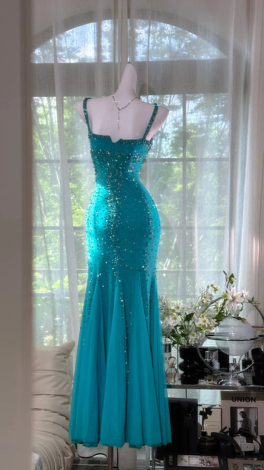 Vintage Halter Mermaid Evening Dress Turquoise Beaded Chiffon Formal Dress Modest  Long Prom Dress ED03822