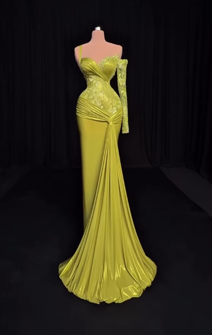 Elegant Yellow Sheath Satin Formal Evening Gown Sweetheart Neck Modest Lace Long Prom Dress ED03823
