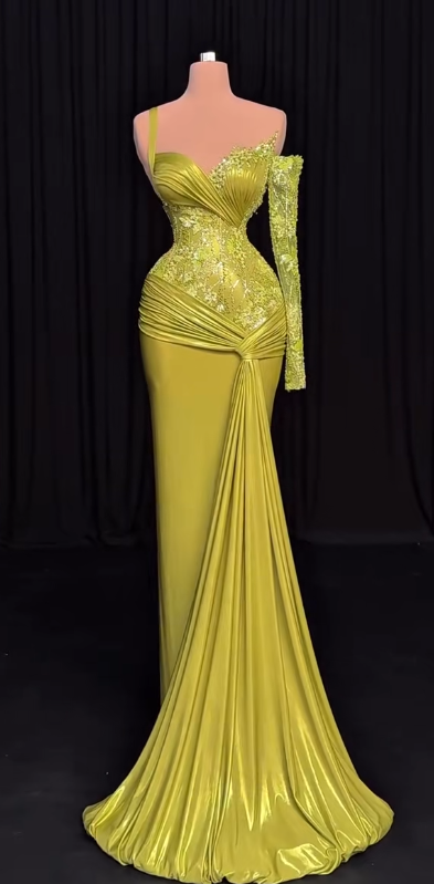 Elegant Yellow Sheath Satin Formal Evening Gown Sweetheart Neck Modest Lace Long Prom Dress ED03823