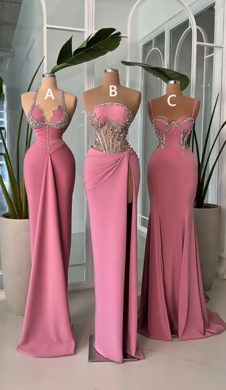 Elegant Sheath Strapless Long Prom Dress Modest Pink Beaded Satin Formal Evening Gown ED03824