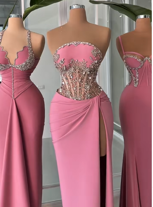 Elegant Sheath Strapless Long Prom Dress Modest Pink Beaded Satin Formal Evening Gown ED03824